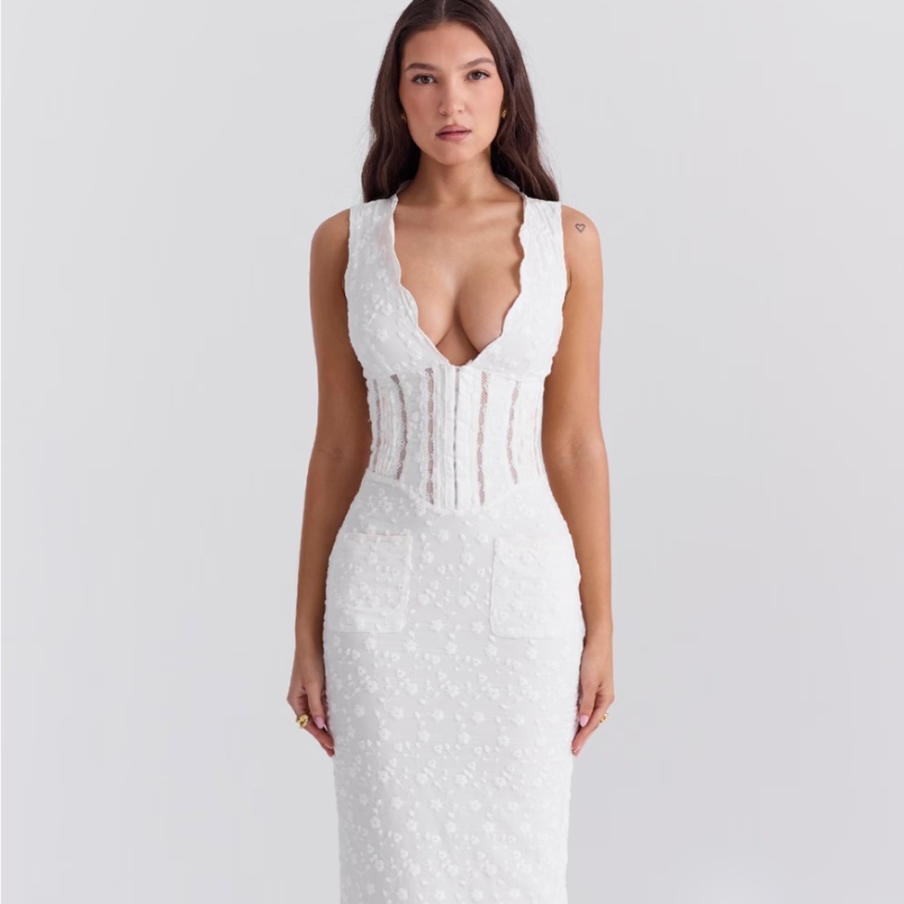 House of CB SOPHINA White Cotton Broderie Anglais Plunge Maxi Dress